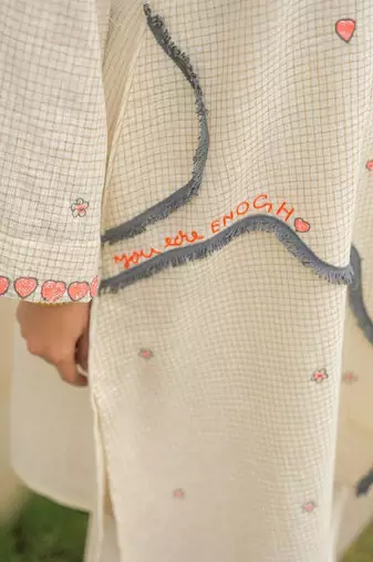 Off-White Kurta And Palazzo Set Featuring Textured Checks And Contemporary Abstract Embroidery
