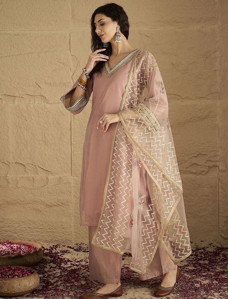 Women Solid Kurta with Palazzo & Dupatta