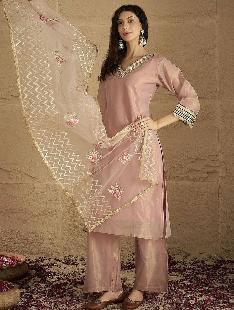 Women Solid Kurta with Palazzo & Dupatta