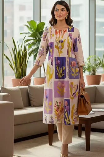 Mul Cotton Printed Kurta With Trousers