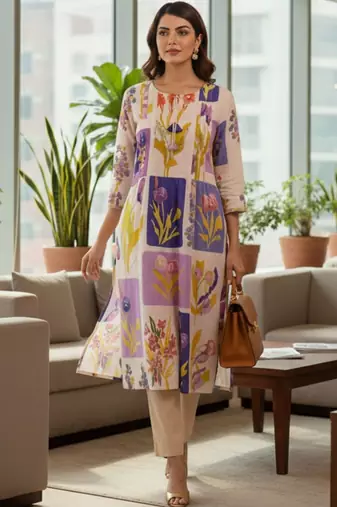 Mul Cotton Printed Kurta With Trousers