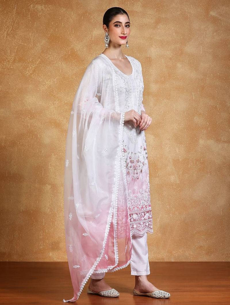 Women Embroidered Regular Sequinned Kurta with Trousers & With Dupatta