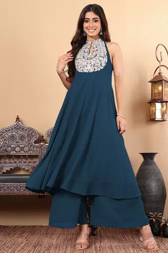 Women Ethnic Motifs Embroidered Panelled Thread Work Silk Georgette Kurta with Palazzos