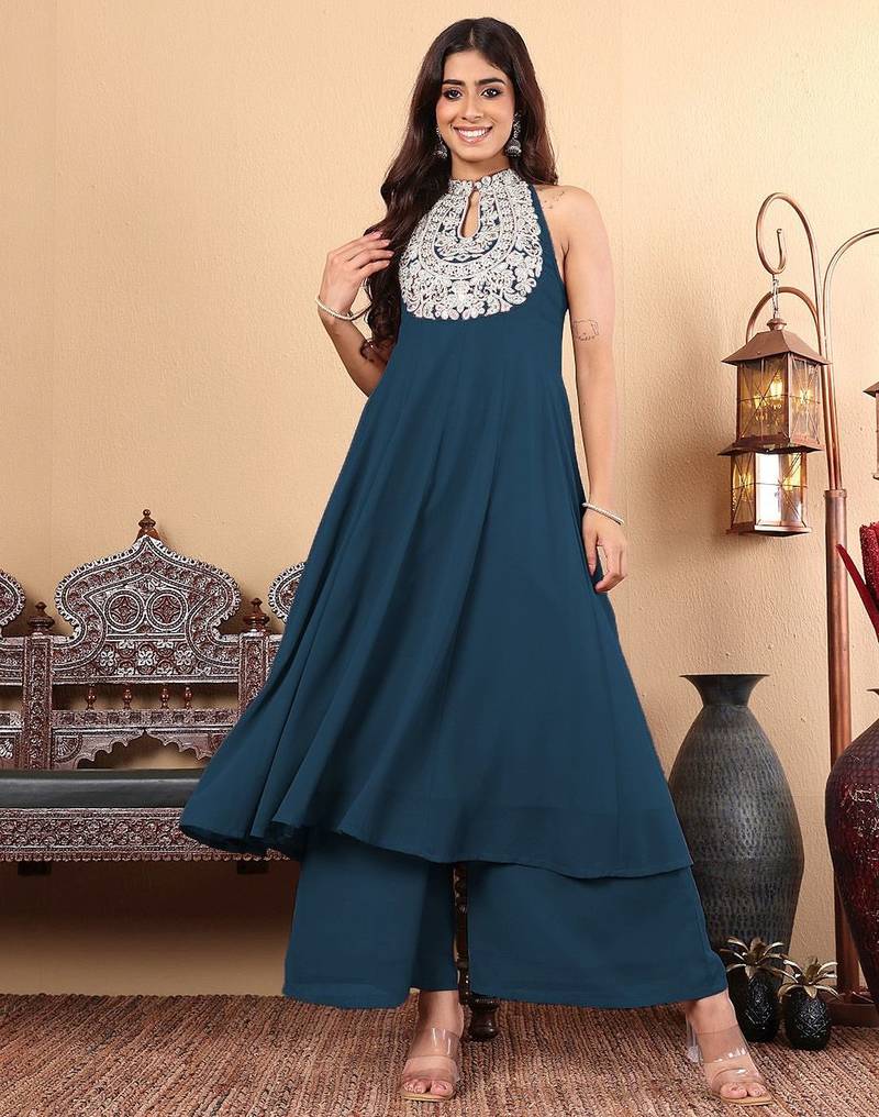 Women Ethnic Motifs Embroidered Panelled Thread Work Silk Georgette Kurta with Palazzos