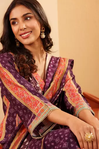 Ethnic Motifs Printed Gotta Patti Chanderi Silk Kurta With Trousers And Dupatta