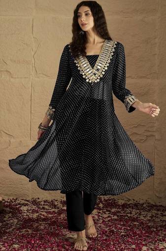 Abstract Printed Panelled Square Neck Georgette Straight Kurta With Trousers