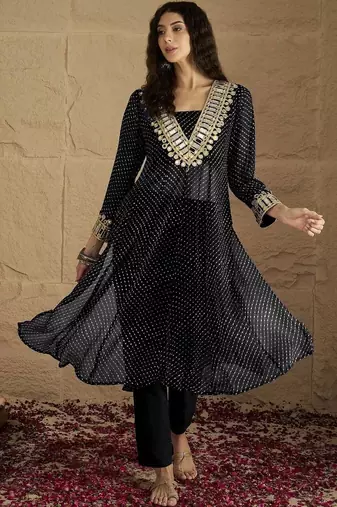 Abstract Printed Panelled Square Neck Georgette Straight Kurta With Trousers
