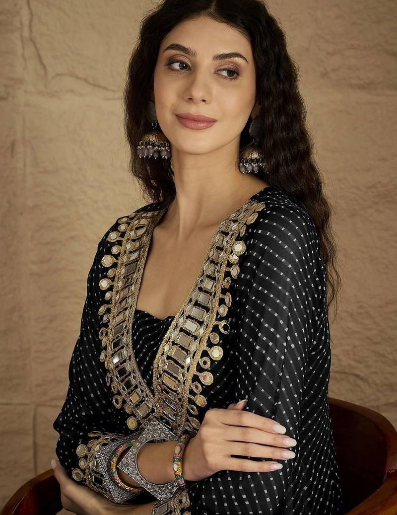 Abstract Printed Panelled Square Neck Georgette Straight Kurta With Trousers