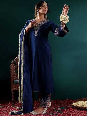 Women Ethnic Motifs Embroidered Kurta with Embroidered Trousers & With Dupatta 7