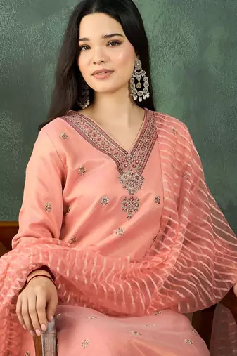 Floral Embroidered Thread Work Kurta With Trousers & Dupatta