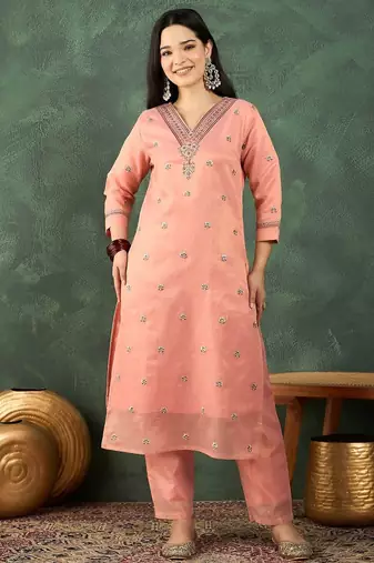 Floral Embroidered Thread Work Kurta With Trousers & Dupatta