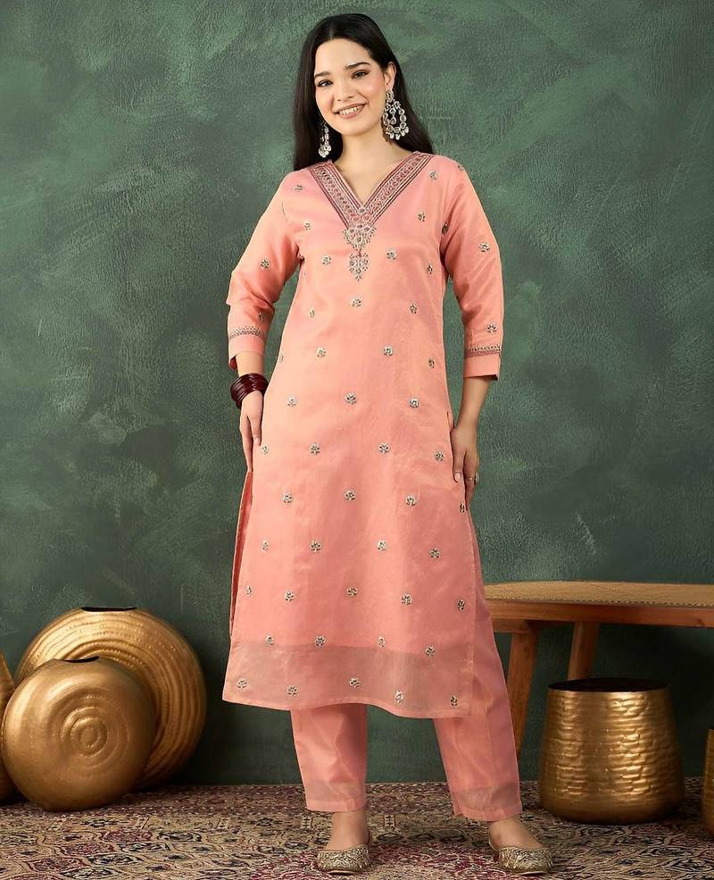 Floral Embroidered Thread Work Kurta With Trousers & Dupatta