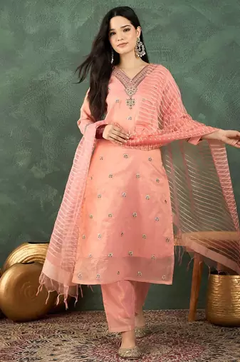 Floral Embroidered Thread Work Kurta With Trousers & Dupatta