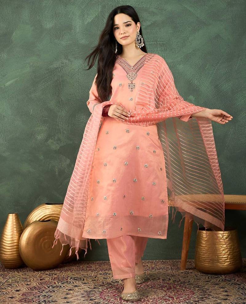 Floral Embroidered Thread Work Kurta With Trousers & Dupatta