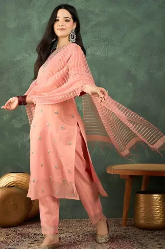 Floral Embroidered Thread Work Kurta With Trousers & Dupatta