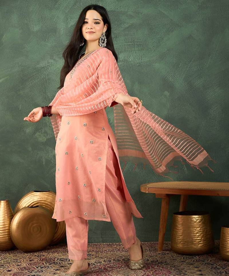 Floral Embroidered Thread Work Kurta With Trousers & Dupatta