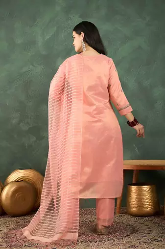 Floral Embroidered Thread Work Kurta With Trousers & Dupatta