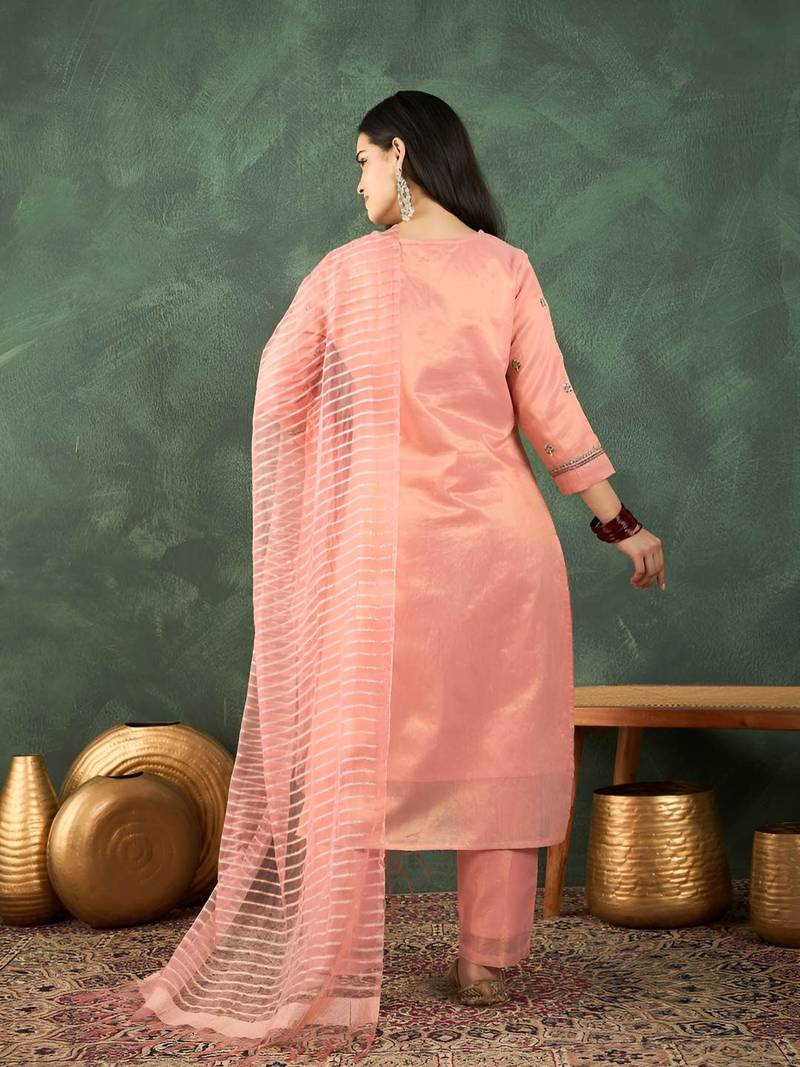 Floral Embroidered Thread Work Kurta With Trousers & Dupatta
