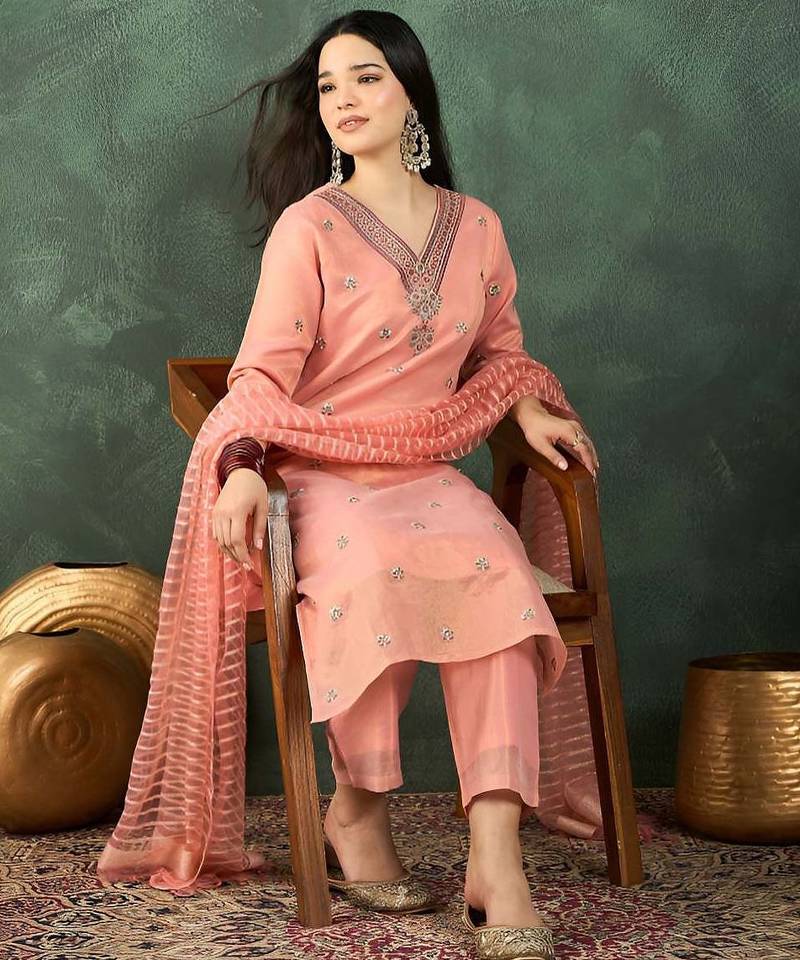 Floral Embroidered Thread Work Kurta With Trousers & Dupatta