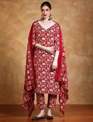 Women Floral Printed V Neck Kurta Set With Dupatta 1