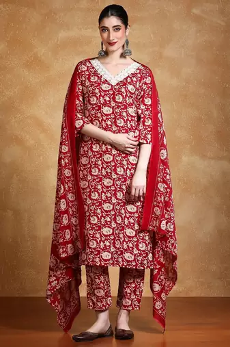 Women Floral Printed V Neck Kurta Set With Dupatta