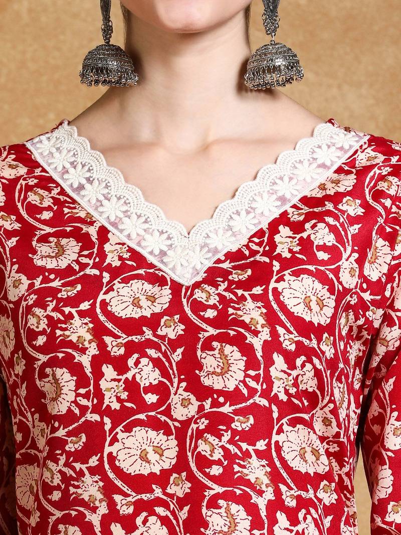 Women Floral Printed V Neck Kurta Set With Dupatta