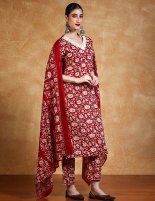Women Floral Printed V Neck Kurta Set With Dupatta 4