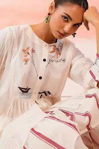 Mul Cotton Thread Embroidered Kurta With Trouser