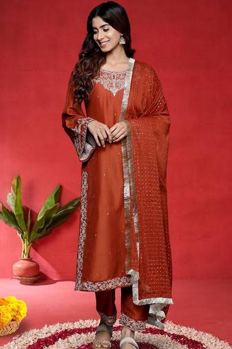 Women Embroidered Kurta with Trousers & Dupatta