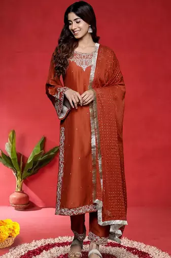 Women Embroidered Kurta with Trousers & Dupatta