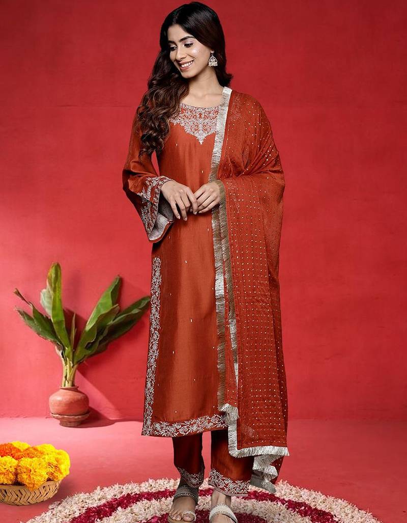 Women Embroidered Kurta with Trousers & Dupatta