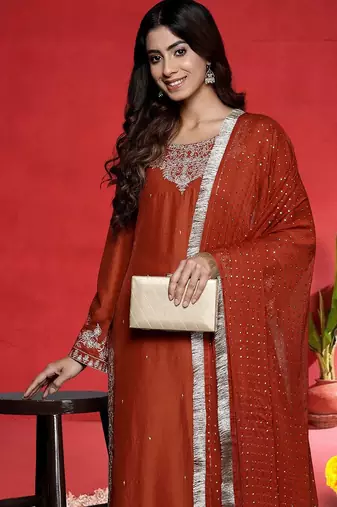 Women Embroidered Kurta with Trousers & Dupatta