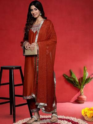 Women Embroidered Kurta with Trousers & Dupatta 6