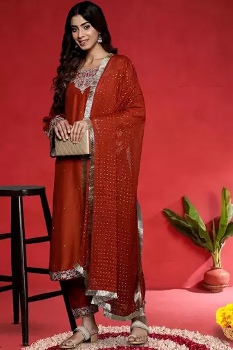 Women Embroidered Kurta with Trousers & Dupatta