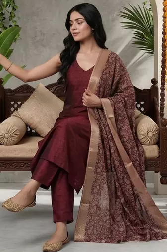 Women Ethnic Motifs Regular Kurta with Trousers & With Dupatta