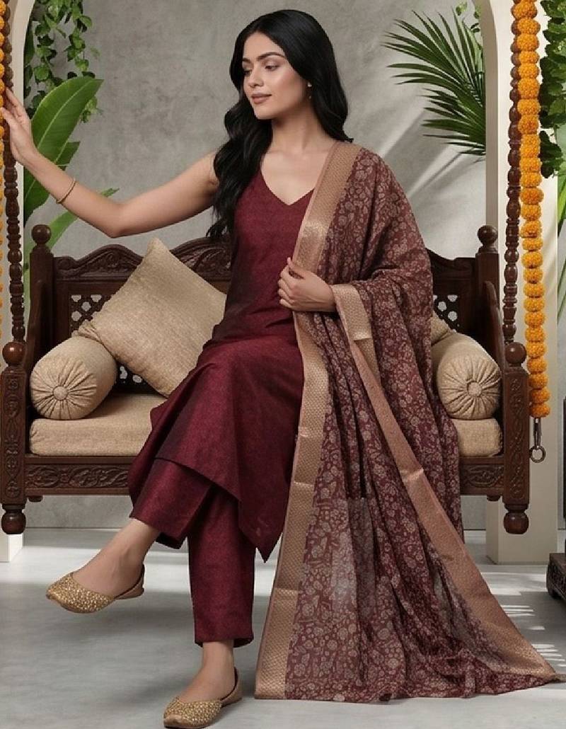 Women Ethnic Motifs Regular Kurta with Trousers & With Dupatta