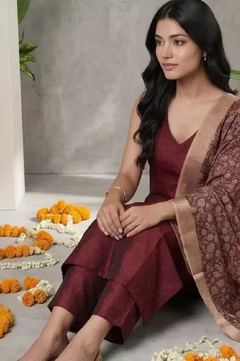 Women Ethnic Motifs Regular Kurta with Trousers & With Dupatta
