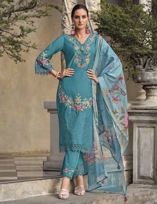Floral Embroidered Thread Work  Cotton Straight Kurta With Trousers & Dupatta 2