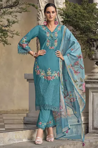 Floral Embroidered Thread Work  Cotton Straight Kurta With Trousers & Dupatta