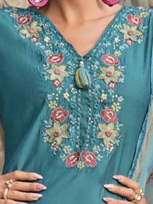 Floral Embroidered Thread Work  Cotton Straight Kurta With Trousers & Dupatta 3