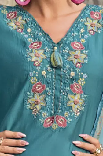 Floral Embroidered Thread Work  Cotton Straight Kurta With Trousers & Dupatta