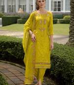 Floral Embroidered Thread Work Straight Kurta With Trousers And Dupatta