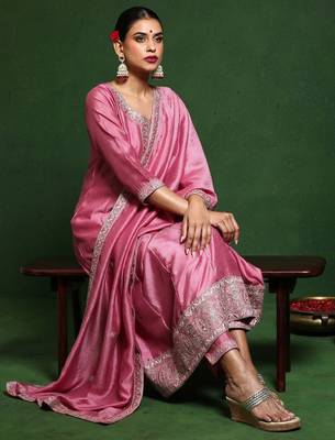 Floral Embroidered Round Neck A-Line Kurta With Trousers And Dupatta 2