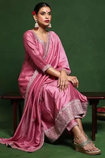 Floral Embroidered Round Neck A-Line Kurta With Trousers And Dupatta