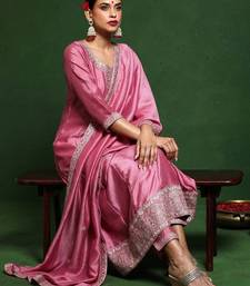Floral Embroidered Round Neck A-Line Kurta With Trousers And Dupatta