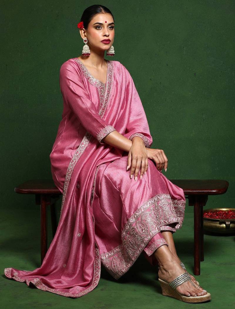 Floral Embroidered Round Neck A-Line Kurta With Trousers And Dupatta