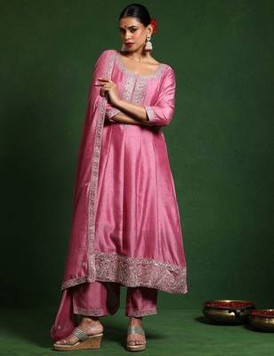 Floral Embroidered Round Neck A-Line Kurta With Trousers And Dupatta 1