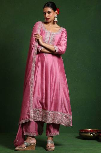 Floral Embroidered Round Neck A-Line Kurta With Trousers And Dupatta