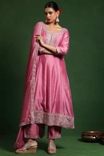 Floral Embroidered Round Neck A-Line Kurta With Trousers And Dupatta