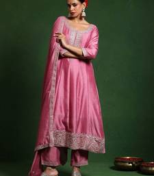 Floral Embroidered Round Neck A-Line Kurta With Trousers And Dupatta
